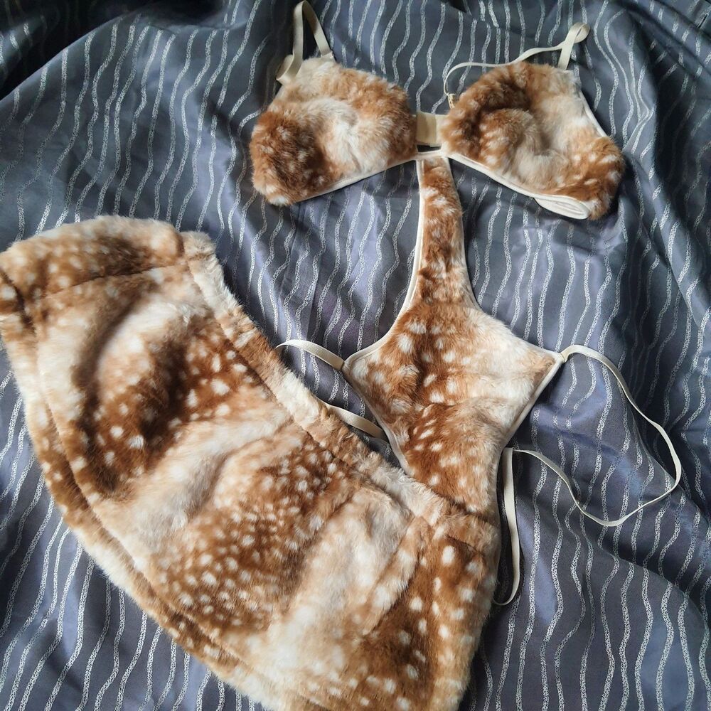 Adult Sexy Deer Costume Bodysuit Mini Skirt Fawn Fuzzy Plush Womens Medium Large